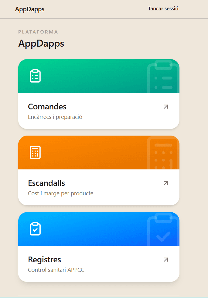 Pantalla d'inici de la plataforma AppDapps amb les tres eines